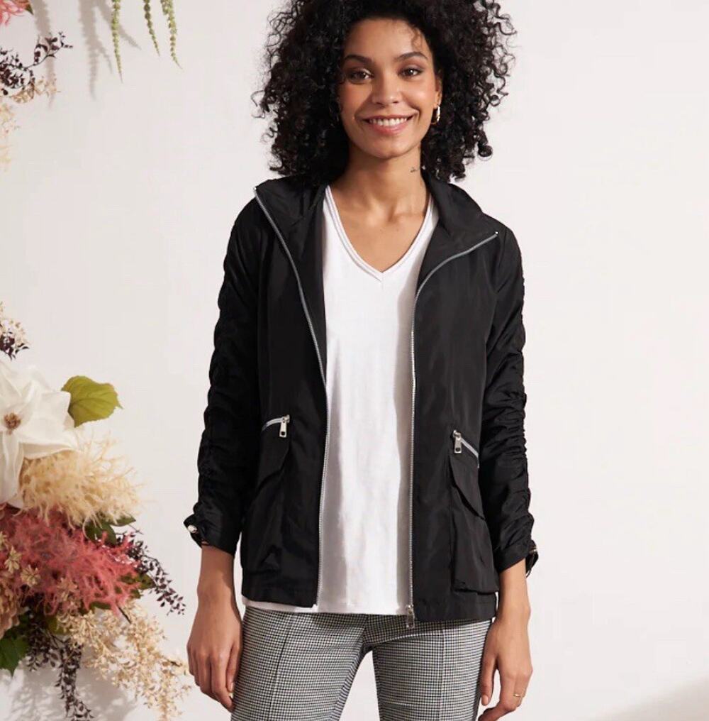 Renuar Womens Zipped Collared Ruched Jacket Black Size S